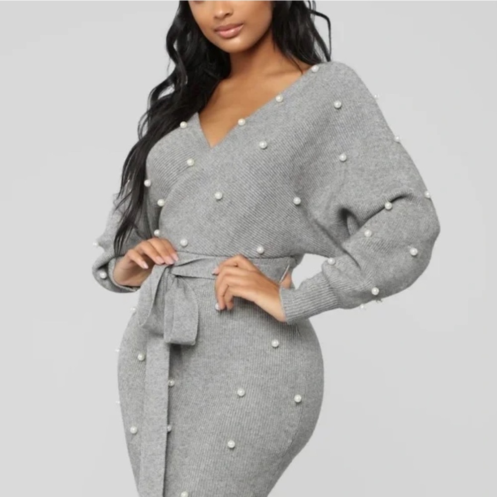Fashion Nova Gray Pearl-Embellished Mini Dress